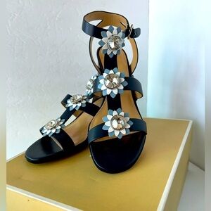 Michael Kors NIB Miley Floral Appliqué Blue Leather Sandals